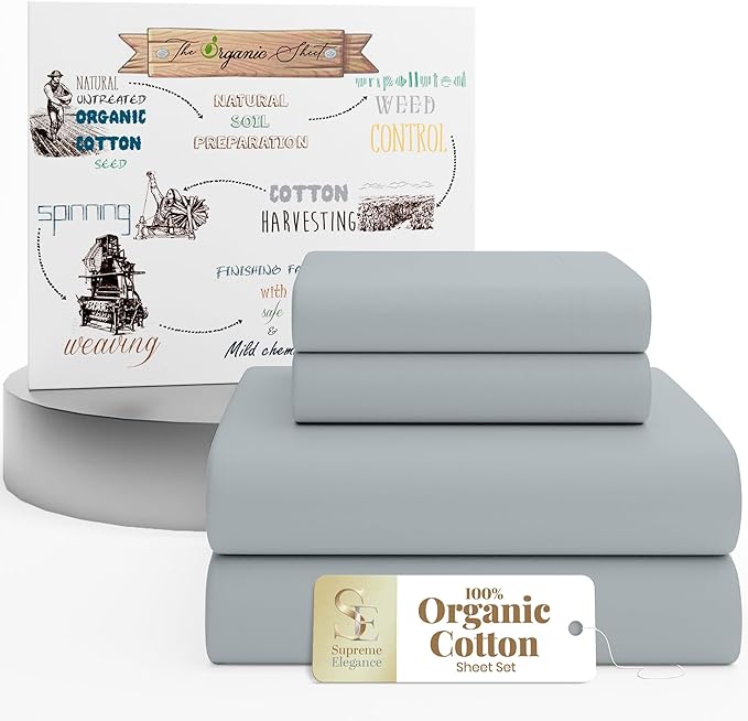SUPREME ELEGANCE 4Pc 100% Organic Cotton Queen Sheets Set, Soft Silver, Cooling Percale, Deep Pocket Fitted Sheet, Fits 16" Mattresses, Breathable Bed Sheets & Pillowcases Set, Crisp Bedding