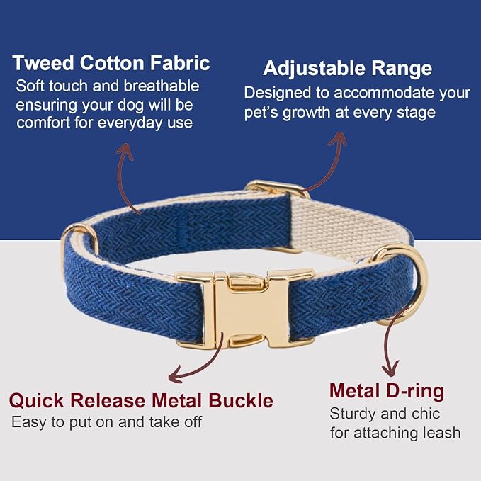 Soft Cotton Hemp Dog Collar with Metal Buckle Adjustable Tweed Dog Collars for Small Medium Large Dogs(Royal Blue,Small)