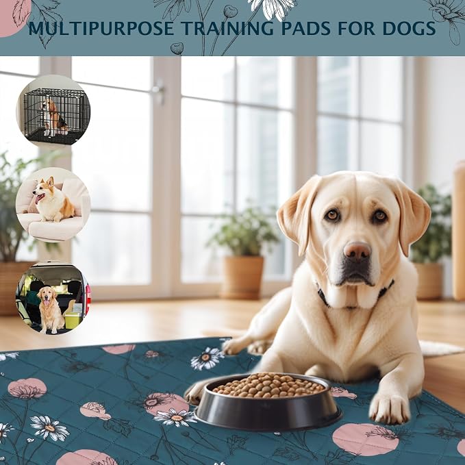 IEUUMLER Washable Pee Pads for Dogs, 2 Pack Non-Slip & Waterproof Pack Whelping Pad, Reusable Washable Puppy Potty Training Pad with Fast Absorbent for Playpen EU007 (Navy Blue Daisy, 36"X41"-2pcs)