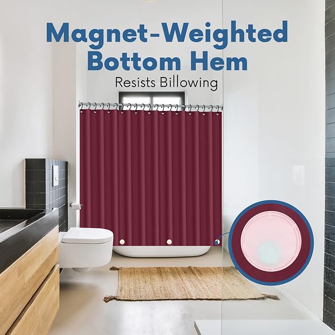No Smell Shower Curtain Liner 72x72 Burgundy - PEVA Plastic Shower Curtain for Bathroom, PVC-Free Waterproof Burgundy Shower Liner with Metal Grommets and Magnet-Weighted Bottom Hem - Washable Liner