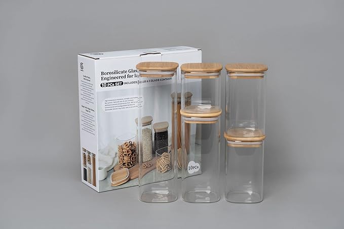 GENICOOK Glass Food Storage Jars,Spaghetti Pasta Storage Container,Borosilcate Glass Canister Set with Eco-Friendly Bamboo Lids for Noodles Flour Cereal Coffee Beans - 10 pc set