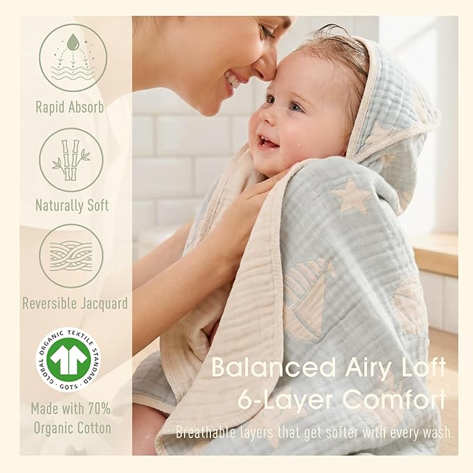 Ultra-Soft Muslin Baby Hooded Towel - 32 x 32 Inches, Ideal for Bath & Beach, Suitable for Both Boys & Girls from Newborns to Toddlers
