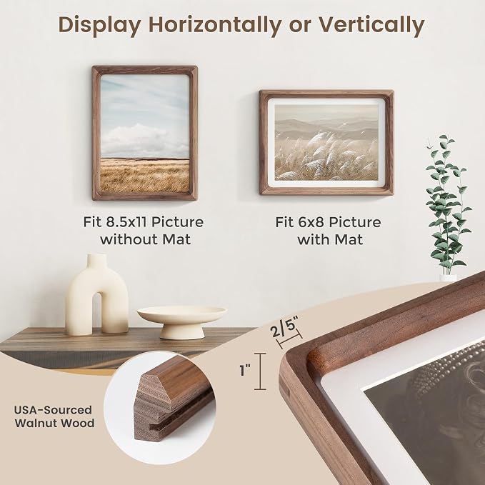 8.5 by 11 Picture Frame, USA-Sourced Walnut Wood Photo Frame with HD Tempered Glass, Handcrafted Rounded Corner 8.5x11 Wooden Picture Frames Matted to 6x8 Photos, Tabletop or Wall Display-2p | Hd Tempered Glass