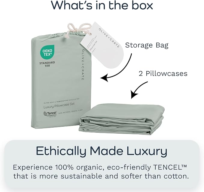 Olive + Crate Tencel Eucalyptus Pillowcases - 100% Tencel Lyocell Cooling Pillow Cases for Hot Sleepers, Hypoallergenic, Moisture-Wicking, Silk Alternative, Vegan, Standard Size Set of 2 [Spring Sage]