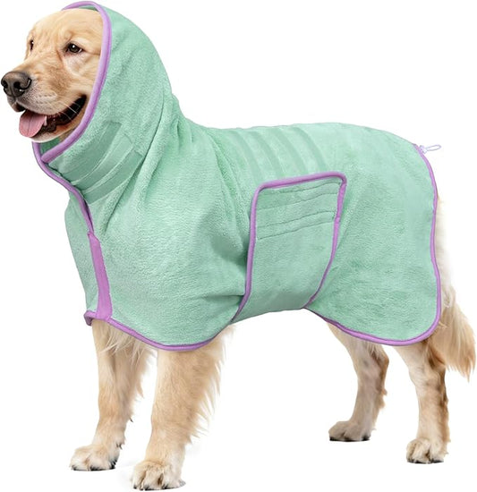 Soft Dog Bathrobe Fast Drying Dog Coat, Super Absorbent Dog Towels for After Bath, Microfiber Pet Robe Adjustable Collar & Belly Warm Keeping Dogs Coat for Pet Dogs & Cats (Green, Large)