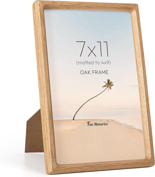 Fun Memories 7x11 Picture Frame, USA-Sourced Oak Wood Photo Frames with HD Tempered Glass, Handcrafted Rounded Corner 7 x 11 Wooden Frame Matted to 4x9 Photos, 7x11 Frames, Tabletop or Wall Display