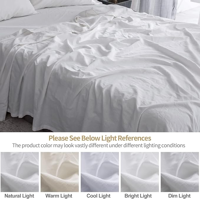 BISELINA Linen Sheet French Flax Flat Sheet Only 55% Euro Linen 45% Cotton Basic Style Solid Color Soft Breathable Farmhouse Top Sheet 1-Piece (King, White)