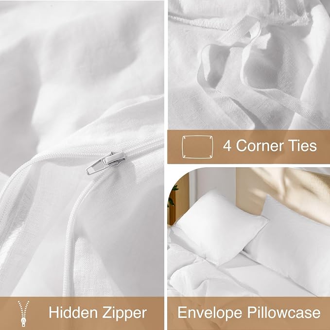SONORO KATE 100% French Linen Duvet Cover Queen Size, Soft Breathable for Hot Sleepers, Moisture Wicking & Durable Cover Set - Zipper Closure & 4 Corner Ties Duvet Covers 3 Piece (White,Queen)