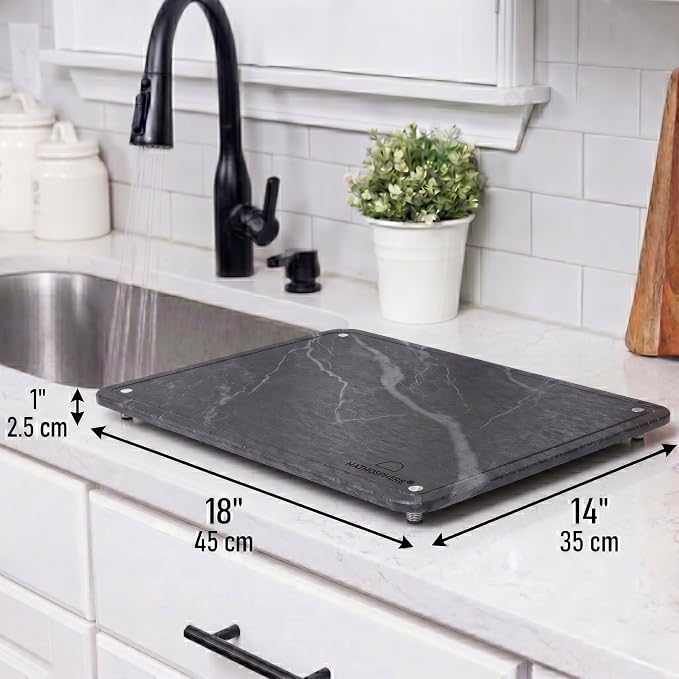 LARGE MATMOSPHERE Stone Dish Drying Mat for Kitchen Counter – Fast Absorbing Diatomaceous Mat with Stainless Steel Legs, Quick Dry, Dish Rack Mat, USA Small Business, 18”x14”, Slate Gray