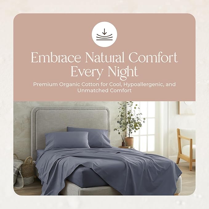 100% Organic Cotton Sheets Twin Size - GOTS Certified Organic Bed Sheets with Deep Pocket 300 Thread Count & Cozy Sateen Weave Gets Softer with Each Wash - Luxury 3 Piece Set (Mineral, Twin)