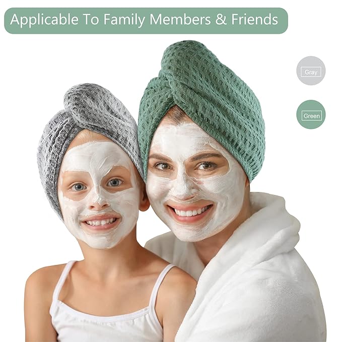 Dolwis Microfiber Hair Drying Towel - 2Packs Waffle Long Hair Head Turban Wraps Terry Cloth Fast Absorbent Dry Anti Frizz Twist Plopping Curly Shower Turban for Women Wet Hair (Gray)