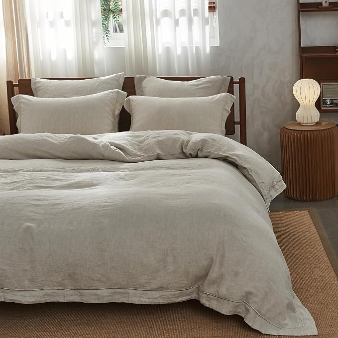 Simple&Opulence 100% Washed Linen Duvet Cover with Embroidered, 3 Pieces Soft Farmhouse Comforter Set with Button Closure, 1 Duvet Cover and 2 Pillowshams(Full,Natural Linen)