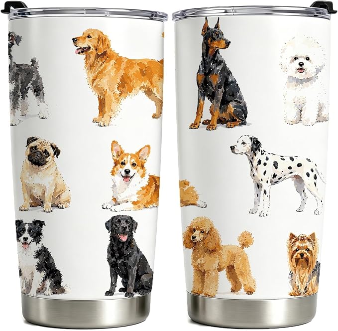 Cute Dog Tumbler, Gift for Women Girls Dog Lovers, 20 oz Stainless Steel Coffee Travel Mug with Straw, Vacuum Cup for Holiday, Birthday, Thanksgiving and Christmas