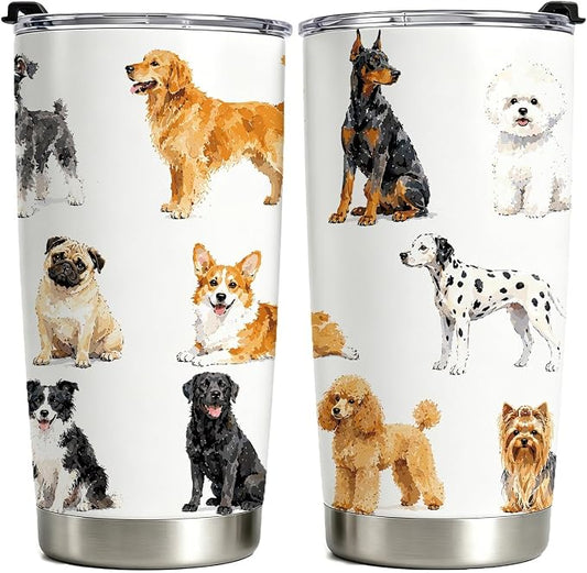 Cute Dog Tumbler, Gift for Women Girls Dog Lovers, 20 oz Stainless Steel Coffee Travel Mug with Straw, Vacuum Cup for Holiday, Birthday, Thanksgiving and Christmas