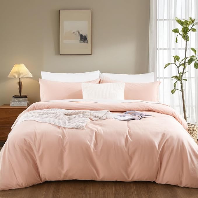 NEXHOME PRO Duvet Cover Set Queen Size Linen Feel Textured Organic Natural 100% Washed Cotton Duvet Cover 3 Pieces Bedding Set with Zipper Closure, Breathable Dusty Pink (No Comforter)