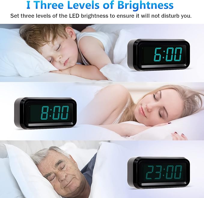 Digital Alarm Clock Battery Operated with LED Display for Bedrooms, Long Battery Life, 3 Brightness Adjustable, 12/24 Hour, Snooze, Black Case with Blue Digits