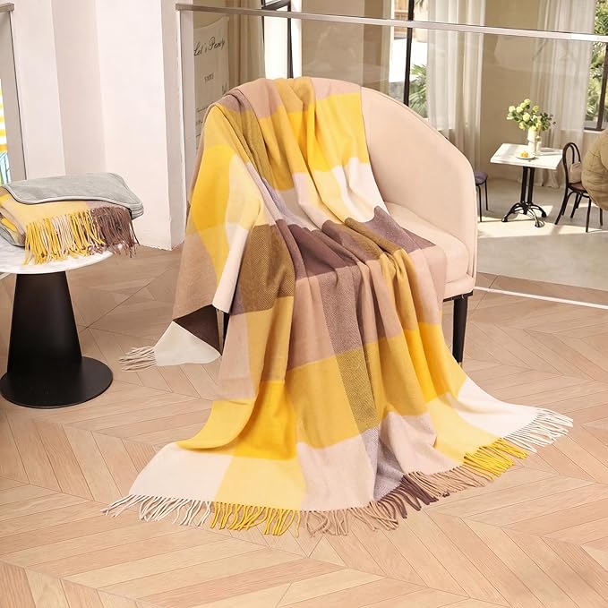 100% Wool Blanket Throw,Yellow Plaid Wool Blanket with Compact Bag,Rustic Soft Lightweight Blanket for Couch,Sofa,Bed & Lounging Decoration,Warm Travel Blanket for Home, Airplane,Ideal Gifts 55"x83"