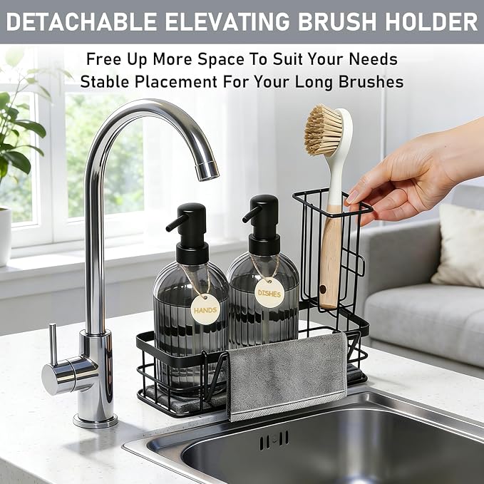 Kitchen Soap Dispenser Set, 14.4 oz/425 ml Hand and Dish Soap Dispenser Set, Dish Soap Dispenser with Sponge Holder & Diatomite Tray, for Countertop Organizer, Black