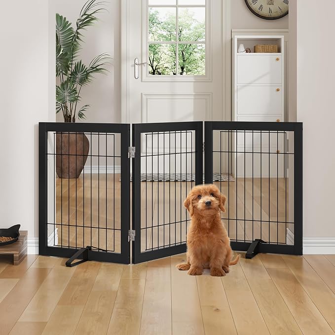 Semiocthome Freestanding Dog Gates and Barriers Indoor Pet Gates for Doorways and Stairs 24"H- 3 Panels Puppy Gate with 2 Metals Stands Adjustable Safety Fence Wire Dog Gate with Bamboo Frame - Black