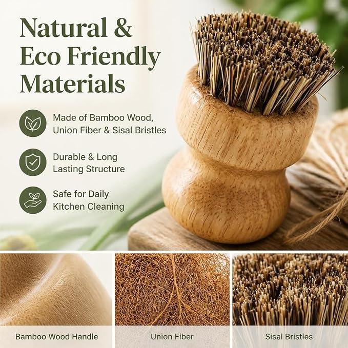 2 Pack Bamboo Dish Brush Set Kitchen Palm Pot Brush with Union Fiber Natural Wooden Dish Scrub Brush for Cleaning Pots Pans Sinks Woks and Vegetables
