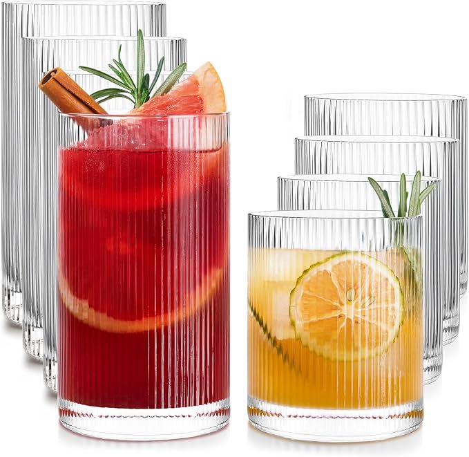 LUNA & MANTHA Drinking Water Glasses Set, Lead-Free Crystal Highball Glass, Tall Glass Cups for Cocktail Parties,ribbed set of 8,17oz&12oz