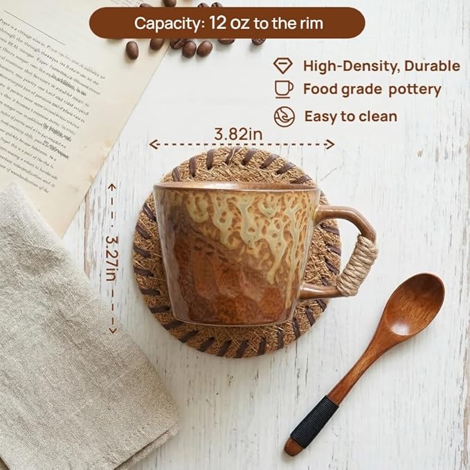 10oz Retro Vintage Japanese Style Handmade Ceramic Tea Cup with Handle, Lead-Free Reactive Glaze Artisanal Coffee Mug, Handmade Pottery Tea Mug for office and home,for Latte and Cappuccino,Brown