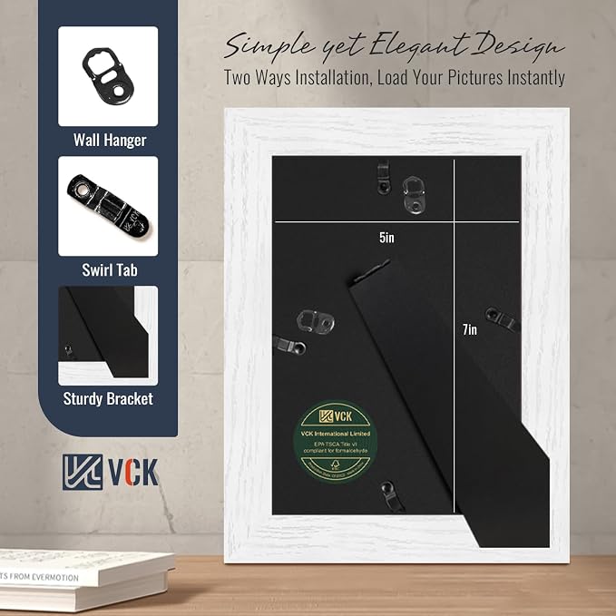 VCK 5x7 Picture Frames White 3 Pack, Wide Border Wood, Tempered Glass, Display 4x6 Photo with Mat or 5 x 7 without, for Home, Office, Gallery, Woodgrain Series, Tabletop & Wall Hanging