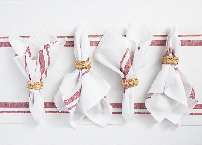 Solino Home French Stripe Linen Napkins Set of 4 - Burgundy and White 100% Pure Linen Cloth Dinner Napkins 20 x 20 Inch