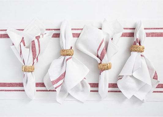 Solino Home French Stripe Linen Napkins Set of 4 - Burgundy and White 100% Pure Linen Cloth Dinner Napkins 20 x 20 Inch