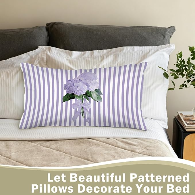 Cottagecore Purple Hydrangea Floral 12x20 Pillow Cover, Preppy Girly Lavender Bow Botanical Flower Purple Striped Decorative Lumbar Pillow Cover for Girls Room Dorm Bedroom Living Room Home
