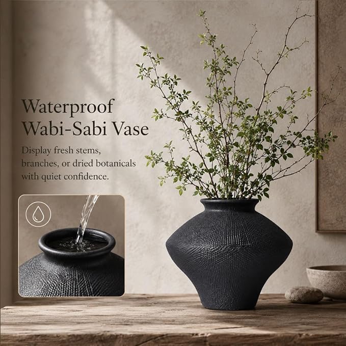 Wabi Sabi Vintage Black Vase, 6.3" Tall Wabi Sabi Decor Rustic Farmhouse Pottery Vase for Centerpiece, Textured Pottery Flower Vases for Home Decorative, Table, Living Room, Bedroom, Bathroom, Kitchen