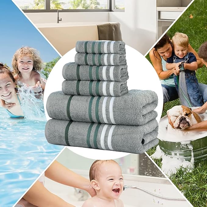 CASA COPENHAGEN Exotic 6Pcs 100% Egyptian Cotton Designer Towels Gift Set- Pine Grey, 550GSM,2Bath2Hand2Washcloths,Bath Towels for Bathroom (Box Pack,Gift Ribbon Set for Women & Men)