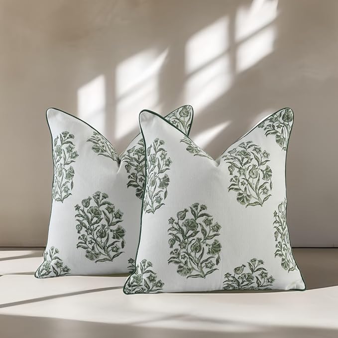 CPC Sage Green Block Print Throw Cushion Cover 24 x 24 Inch Set 2 - Decorative Boho Floral Pillow Case for Living Room, Bed, Sofa, Couch, Home Decor Cushion Cover Gift for Spring, Mother's Day