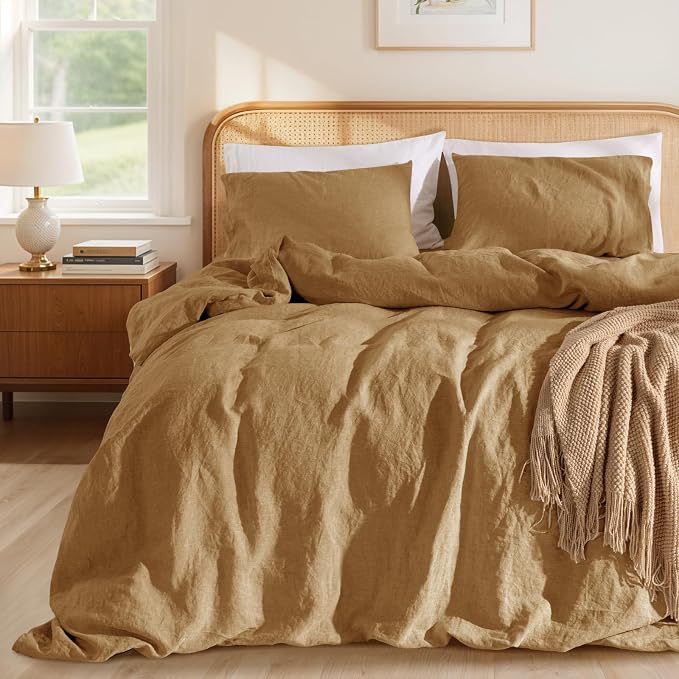 LBRO2M 100% France Linen Duvet Cover Set 3 Pcs Including 1 Flax Comforter Cover with Zipper Closure, 2 Pillowcase, Cozy Duvet Cover Full Size, Rust