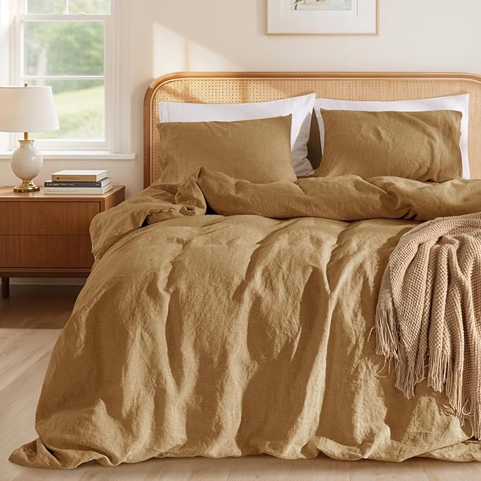 LBRO2M 100% France Linen Duvet Cover Set 3 Pcs Including 1 Flax Comforter Cover with Zipper Closure, 2 Pillowcase, Cozy Duvet Cover King Size, Rust