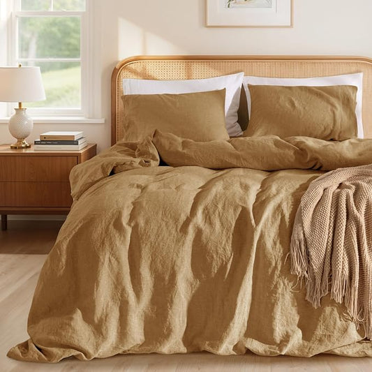 LBRO2M 100% France Linen Duvet Cover Set 3 Pcs Including 1 Flax Comforter Cover with Zipper Closure, 2 Pillowcase, Cozy Duvet Cover Queen Size, Rust