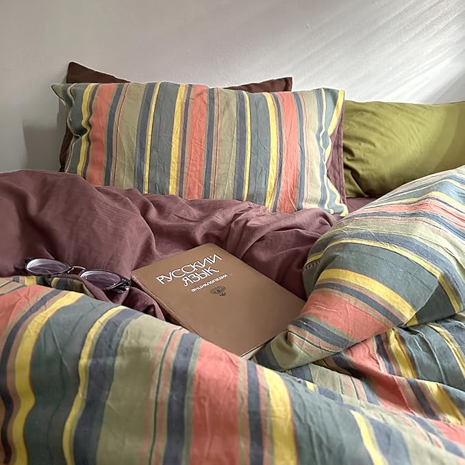 mixinni Vintage Striped Duvet Cover Set Full Size - 3 Piece 100% Washed Cotton Bedding Set, Soft & Breathable, Colorful Striped Pattern Printed Comforter Cover for All Seasons
