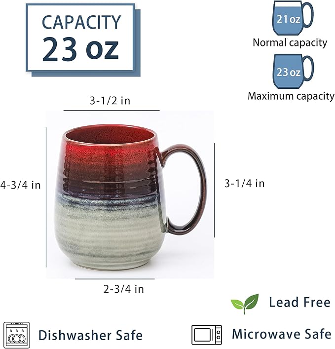 Large Coffee Mugs, Extra Large Ceramic Coffee Mug, 23 oz Handmade Pottery Mug, Big Tea Cups with Handle for Office and Home, Dishwasher and Microwave Safe (Ink Red)