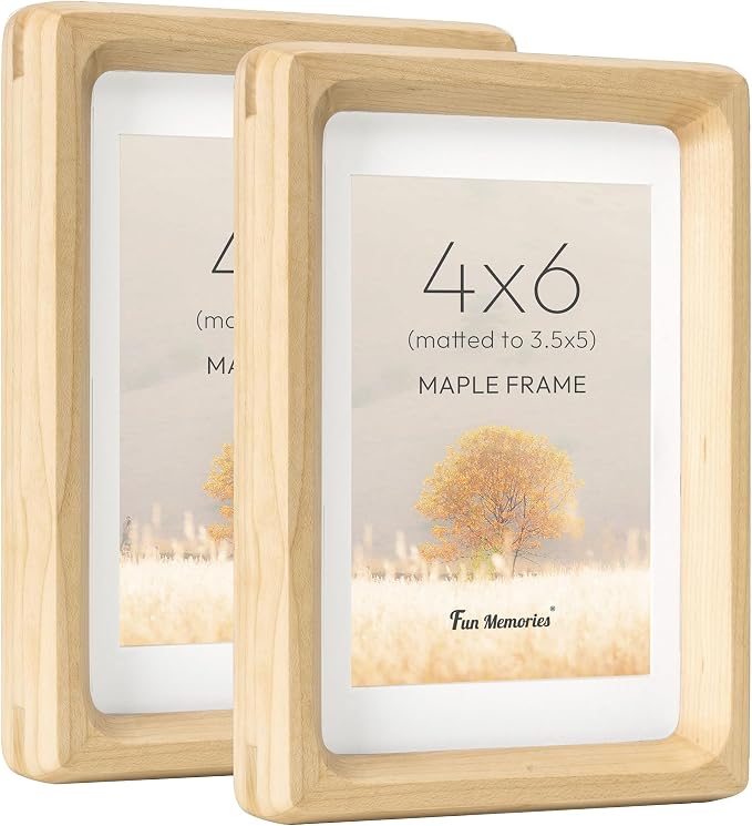4x6 Picture Frame Set of 2, USA-Sourced Maple Wood Photo Frames with HD Tempered Glass, Handcrafted Rounded Corner 4 x 6 Wooden Frame Matted to 3.5x5 Photos, 4x6 Frames, Tabletop or Wall Display