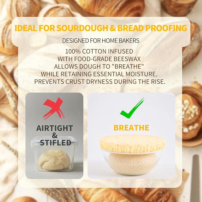 Reusable Bowl Covers Elastic, Beeswax Food Wraps for Sourdough Bread (Beige) | Shower Caps for Sourdough Bread Proofing, Washable Sustainable Cloth Covers for Kitchen Mixing Bowls, 2-Pack