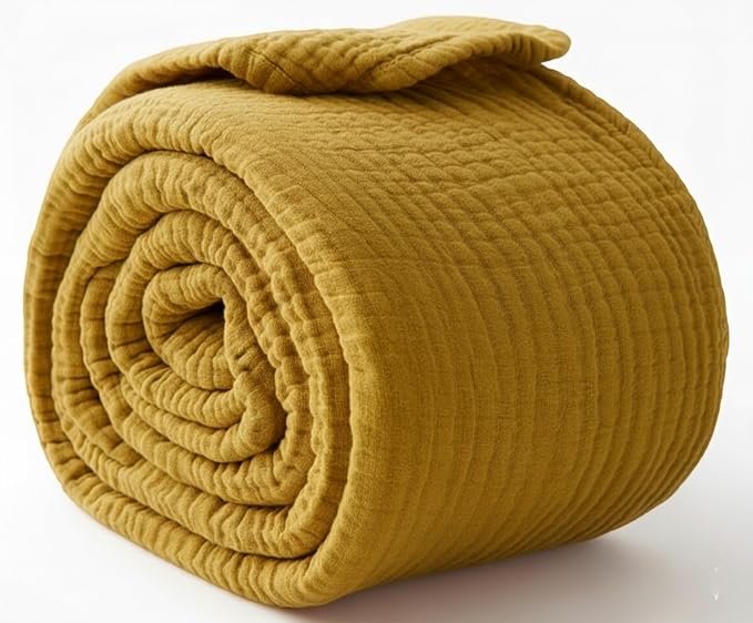 KyraHome 100% Organic Cotton Throw Blanket for Adult, Couch, 60"x80" Plant-Dyed Large Muslin Blankets, Picnic, Pre-Washed Breathable Gauze Summer Throw Blankets, All Season (Mustard Yellow)