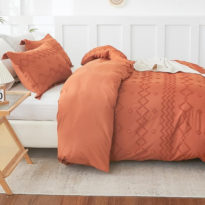 EMME Boho Duvet Cover Twin Size Pumpkin - 2 Pieces Soft & Breathable Tufted Boho Shabby Chic Embroidery Bedding Set for All Seasons, 1 Duvet Cover with 1 Pillow Shams & Zipper Closure (Pumpkin, Twin)