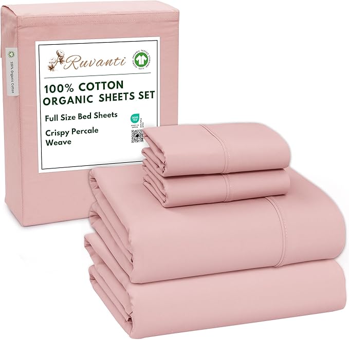 RUVANTI 100% Cotton Organic Percale Sheets Full Size – Crisp Cooling Bed Sheets for Hot Sleepers, Deep Pocket 15”, Soft Peach Finish, Breathable & Durable Hotel-Style 4 Pcs, Peach Skin