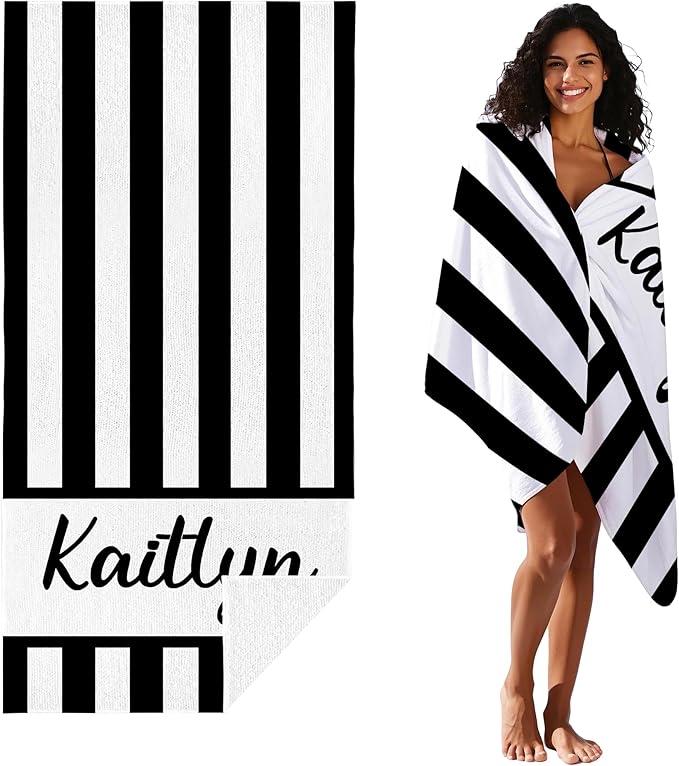 JML Personalized Beach Towel with Name, Custom Cabana Stripe Beach Towel, Customized Microfiber Pool Towel, Quick Dry & Absorbent Swim Towel for Adult,Anniversary, Birthday, Summer Holiday,Vacation