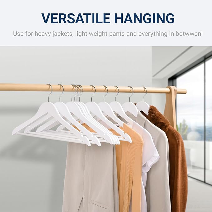 Amber Home 20 Pack White Wooden Coat Hangers, White Wood Suit Hangers with Non-Slip Pant Bar, Clothes Hangers for Closet Organization, Shirts, Jackets, Dresses, and Pants (White, 20)