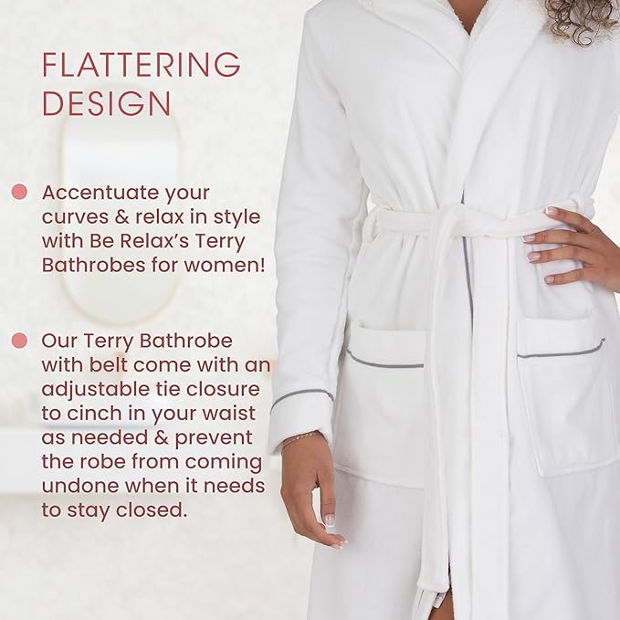 Be Relax Bathrobe for Women - Full Length Terry Cotton Robe with Shawl Collar and Hood, Warm and Cozy Robe with Belt & Pocket
