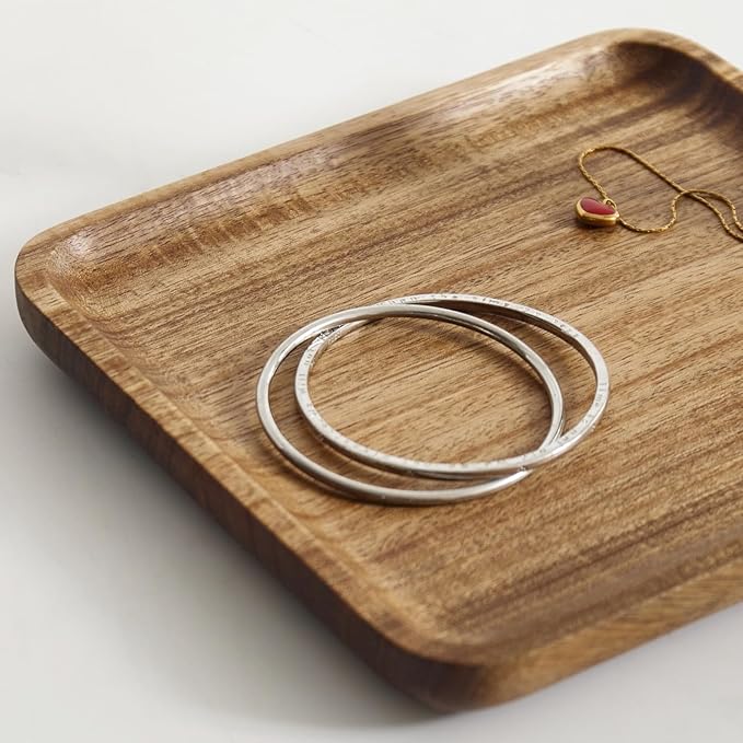 Solid Acacia Wood Key Tray and Bowl for Entryway Table - Jewelry Tray With 3 Hooks, Open Storage for Wallet, Glasses, Watches, Lipstick (Acacia, Square)