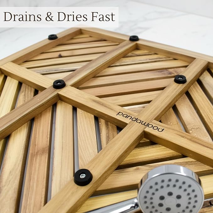 PANDAWOOD Teak Shower Mat for Inside Shower 22x15 - Premium Teak Wood Bath Mat Non Slip - Wooden Shower Mat for Outdoor - Heavy Duty Teak Bathroom Floor Mat for Bathtub Sauna