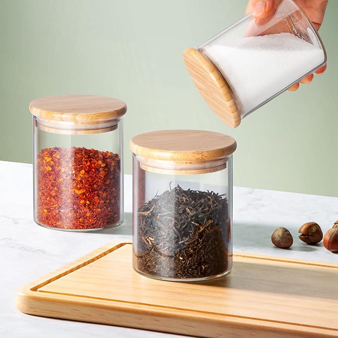 COCOYA 12 Oz Glass Jars with Bamboo Lid Set, UPGRADE Clear Thickened Glass Containers for Spice Tea Herb, Small Tiny Jars Food Storage Containers for Coffee Bean Seasoning sugar Kitchen Pantry (8Pack)
