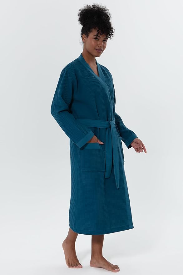 SEYANTE Women's Organic Cotton Waffle Kimono, Hooded Robe – GOTS Certified Lightweight Full-Length Spa Bathrobe with Piping